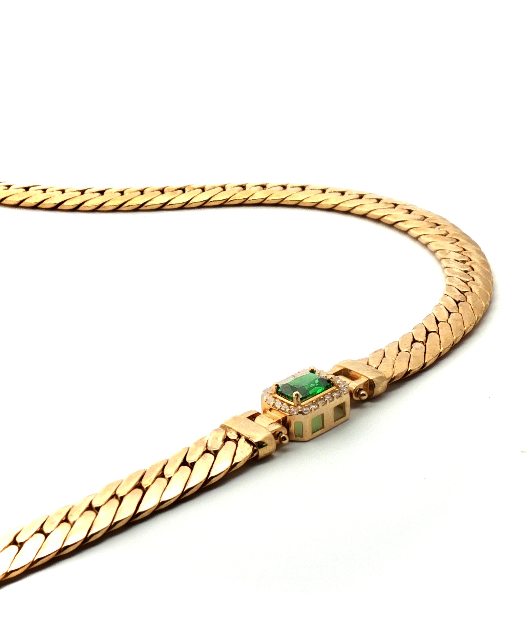 Cuban Necklace with Green Stones 10k Gold