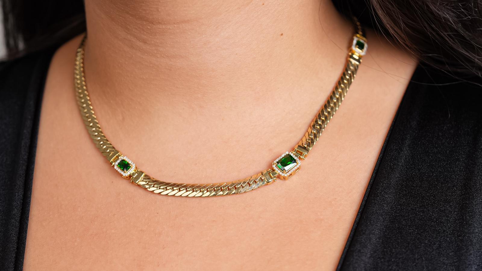 Cuban Necklace with Green Stones 10k Gold