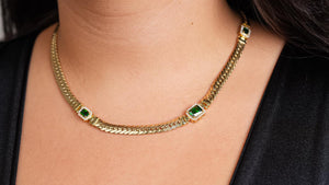Cuban Necklace with Green Stones 10k Gold